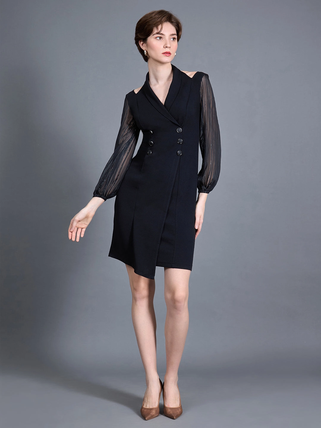 Women's Black Shawl Collar Bishop Sleeves Solid Double Breasted Knee Length Dress Perfect Fit Look