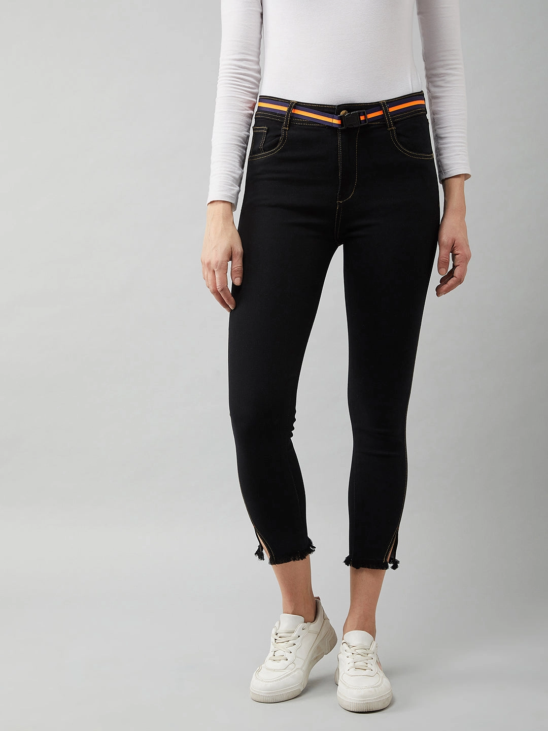 Functional Waistband Premium Look Women's Black Skinny-Fit High-Rise Ankle Length Stretchable Denim Jeans