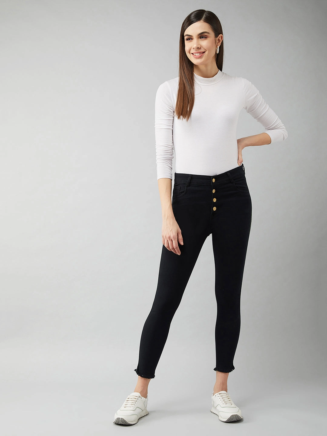 Timeless Edge Work Ready Earthy Women's Black Skinny-Fit High-Rise Cropped Stretchable Denim Jeans