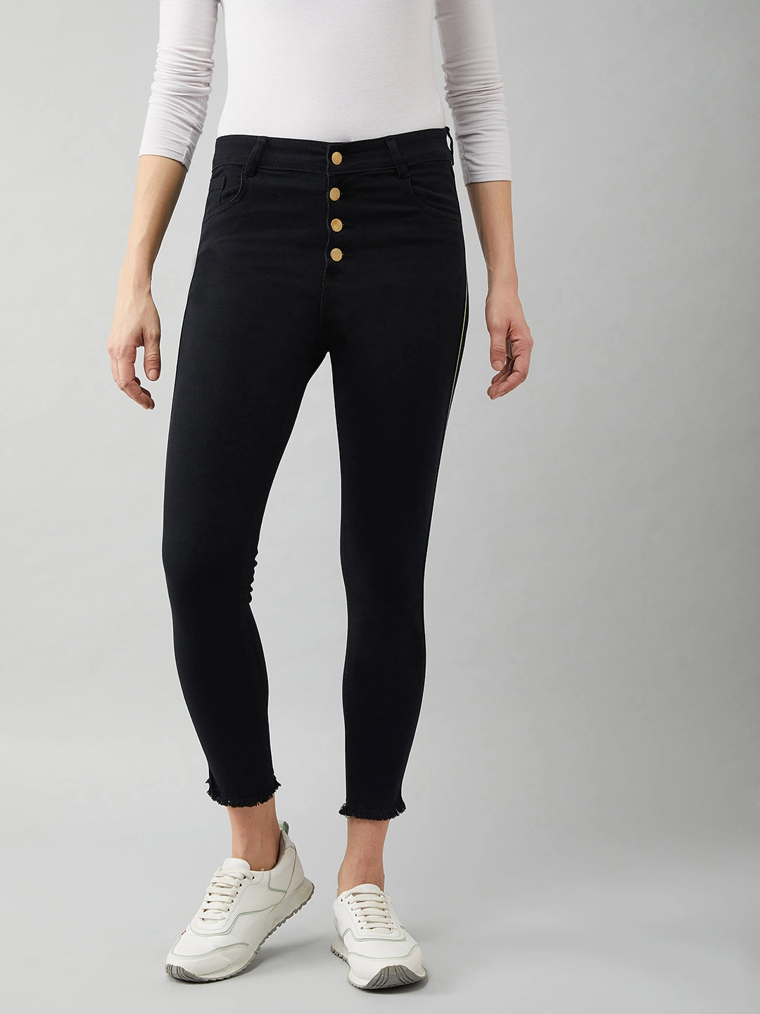 Women's Black Skinny-Fit High-Rise Cropped Stretchable Denim Jeans Parent Style Trendy Breathable Daily Basic