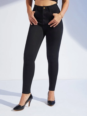 Women's Black Skinny Fit High-Rise Stretchable Denim Jeans Comfort Stretch Weave