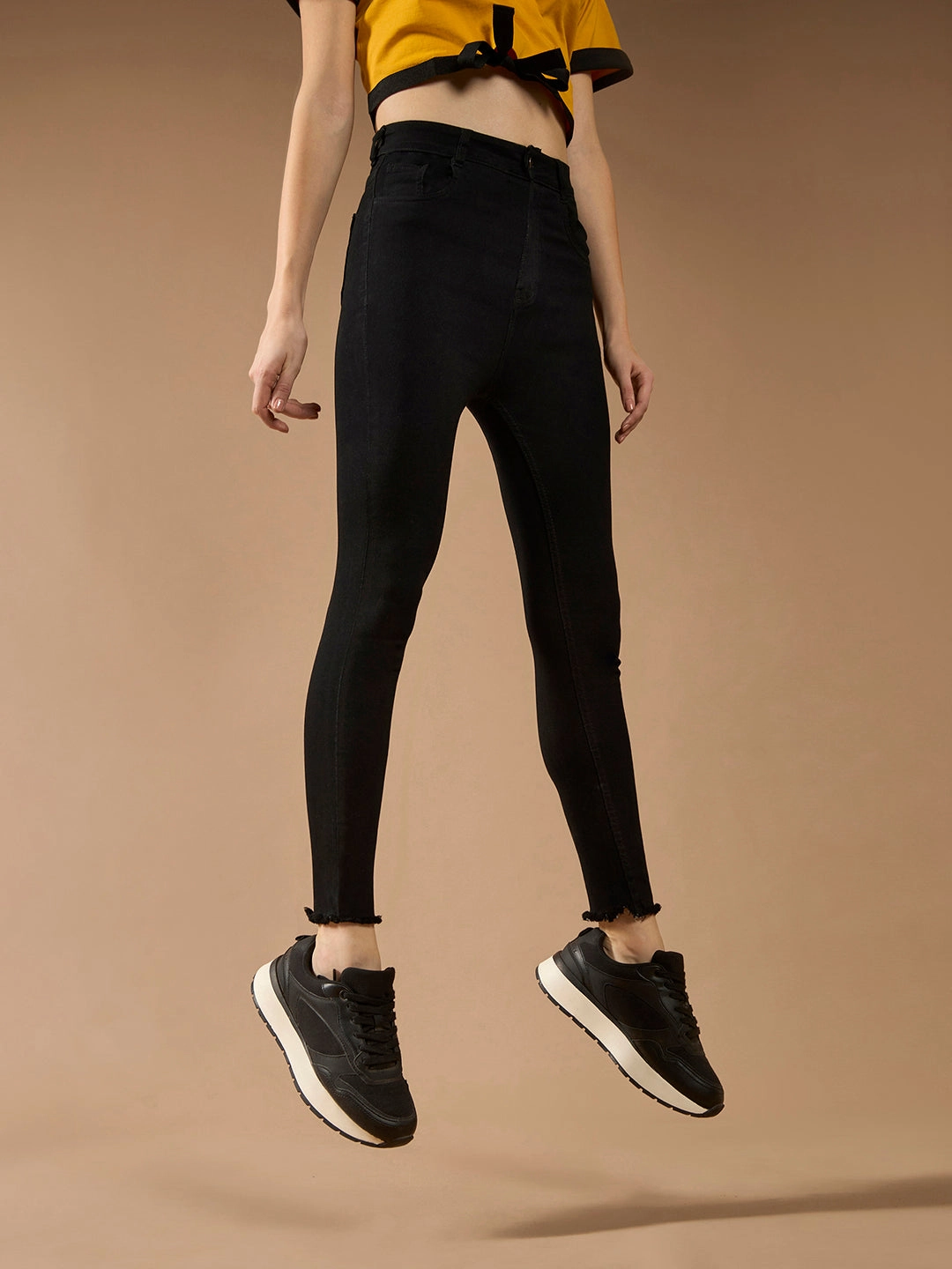 Women's Black Skinny Fringed Detailing High-Rise Clean-Look Solid Cropped Stretchable Denim Jeans Trendy Choice