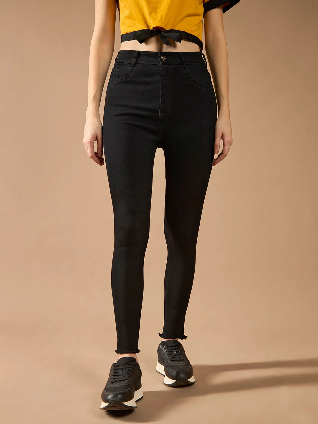 Women's Black Skinny Fringed Detailing High-Rise Clean-Look Solid Cropped Stretchable Denim Jeans Relaxed Feel All Day Wear