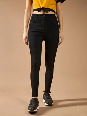 Women's Black Skinny Fringed Detailing High-Rise Clean-Look Solid Cropped Stretchable Denim Jeans Relaxed Feel All Day Wear