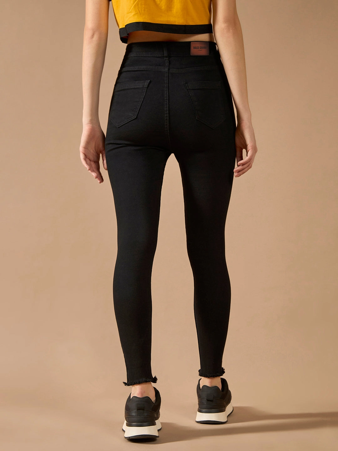 Women's Black Skinny Fringed Detailing High-Rise Clean-Look Solid Cropped Stretchable Denim Jeans Shopping Day Vibrant