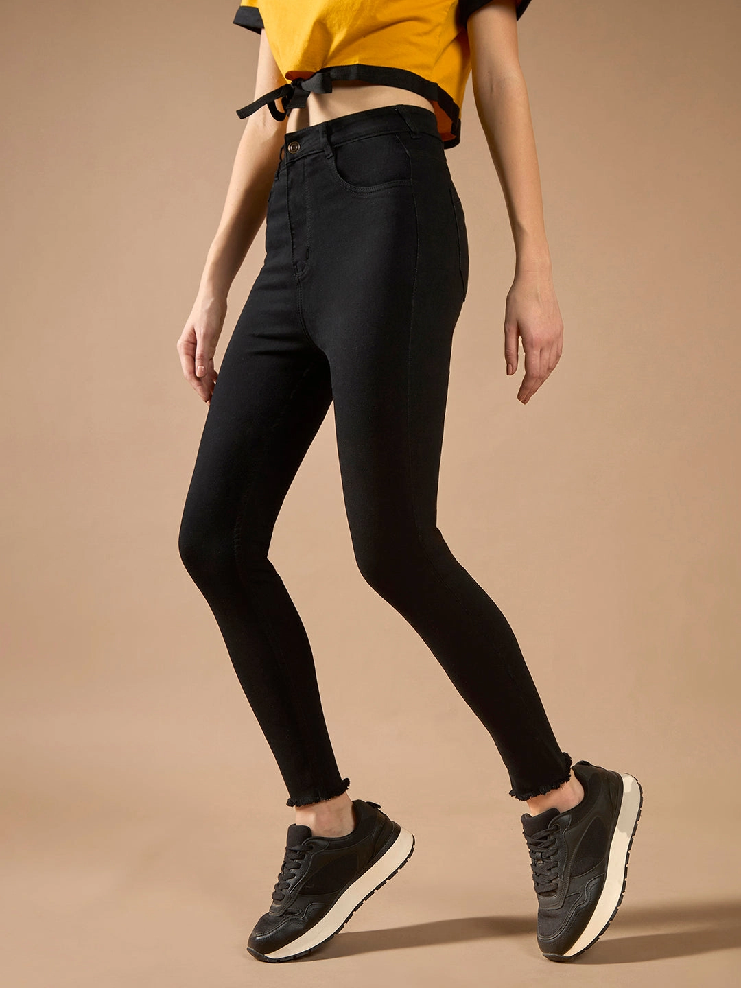 Outdoor Enthusiast Sunny Vibes Teen Outfit Street Fashion Casual Winter Warmth Women's Black Skinny Fringed Detailing High-Rise Clean-Look Solid Cropped Stretchable Denim Jeans