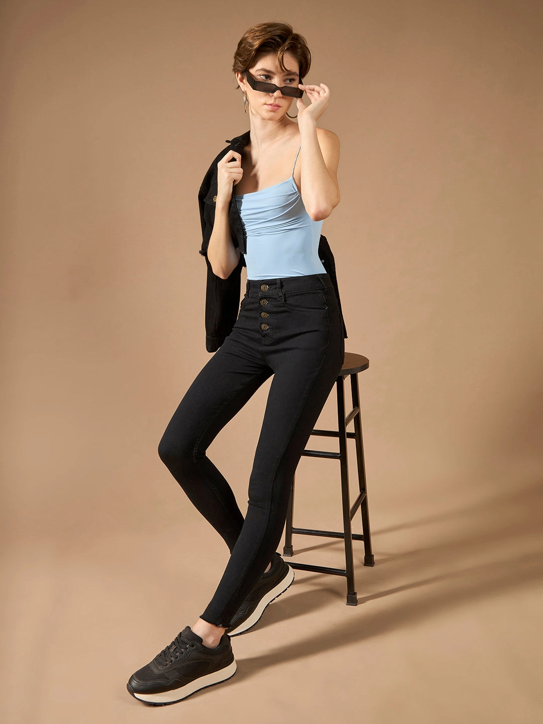 Women's Black Skinny High-Rise Clean-Look Cropped Fringed Hemline Solid Stretchable Denim Jeans Neutral Mood