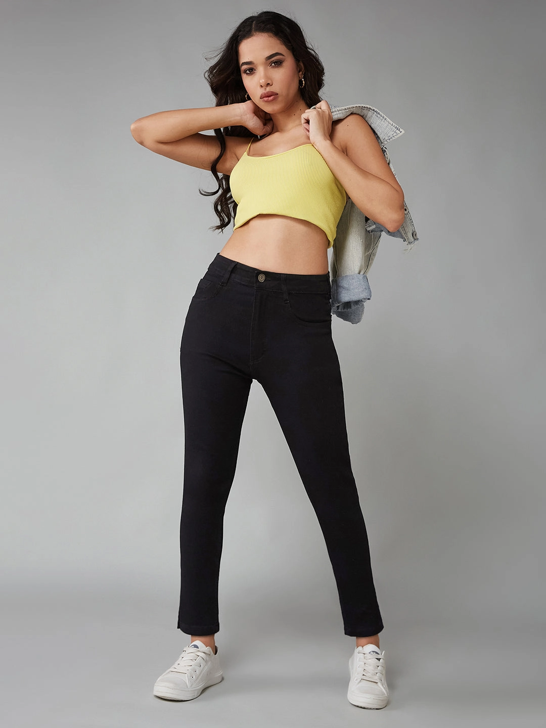 Outfit Base Women's Black Skinny High-Rise Clean-Look Cropped Stretchable Denim Jeans