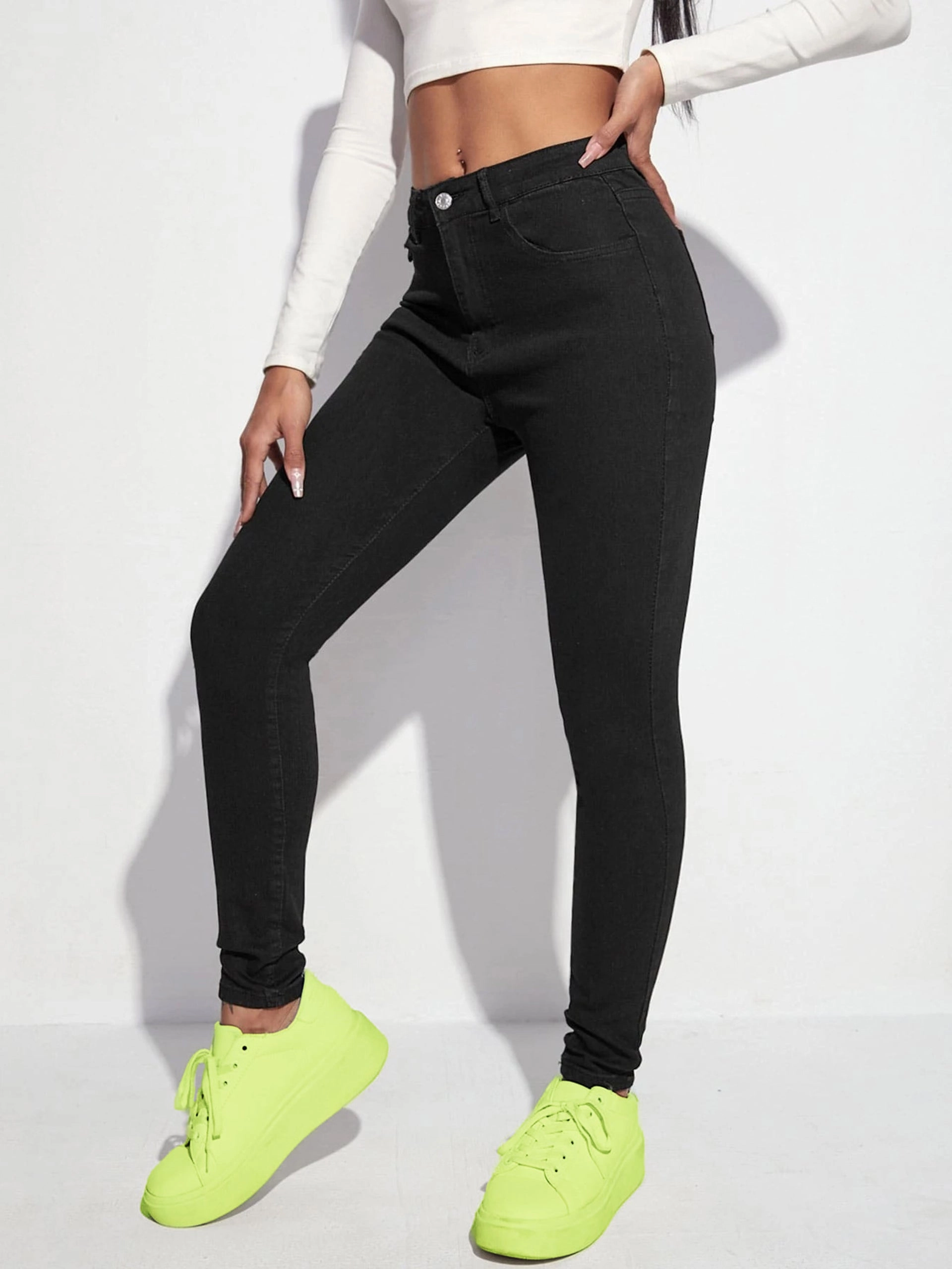 Women's Black Skinny High-Rise Clean-Look Regular-Length Stretchable Denim Jeans Couple Look Athlete Fit Festival Outfit