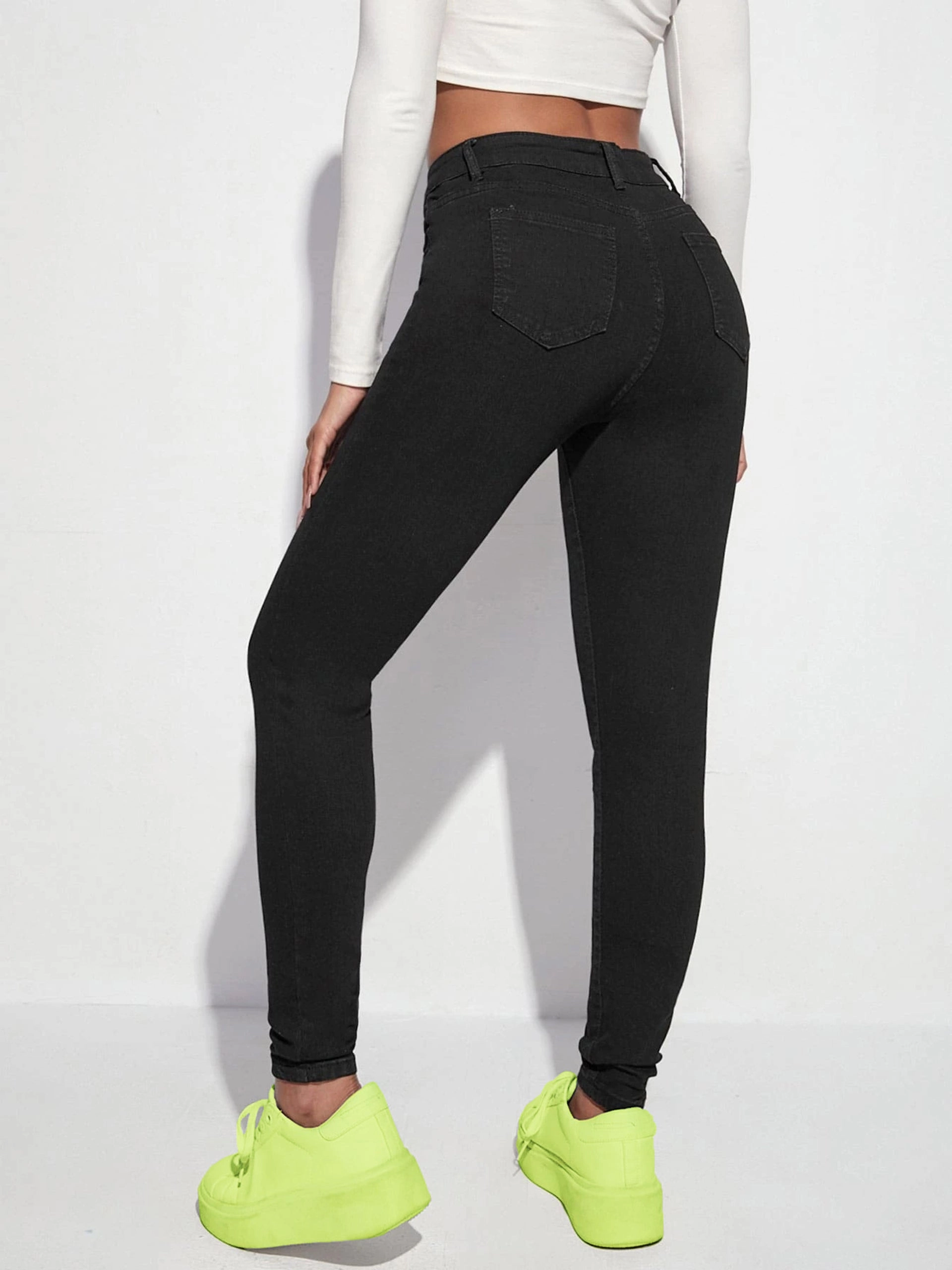 Women's Black Skinny High-Rise Clean-Look Regular-Length Stretchable Denim Jeans Minimalist Comfort Fashion Fit Design