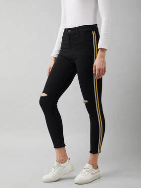 Women's Black Skinny High-Rise Cropped Stretchable Denim Jeans Organic Cotton Textured Versatile Shopping Day