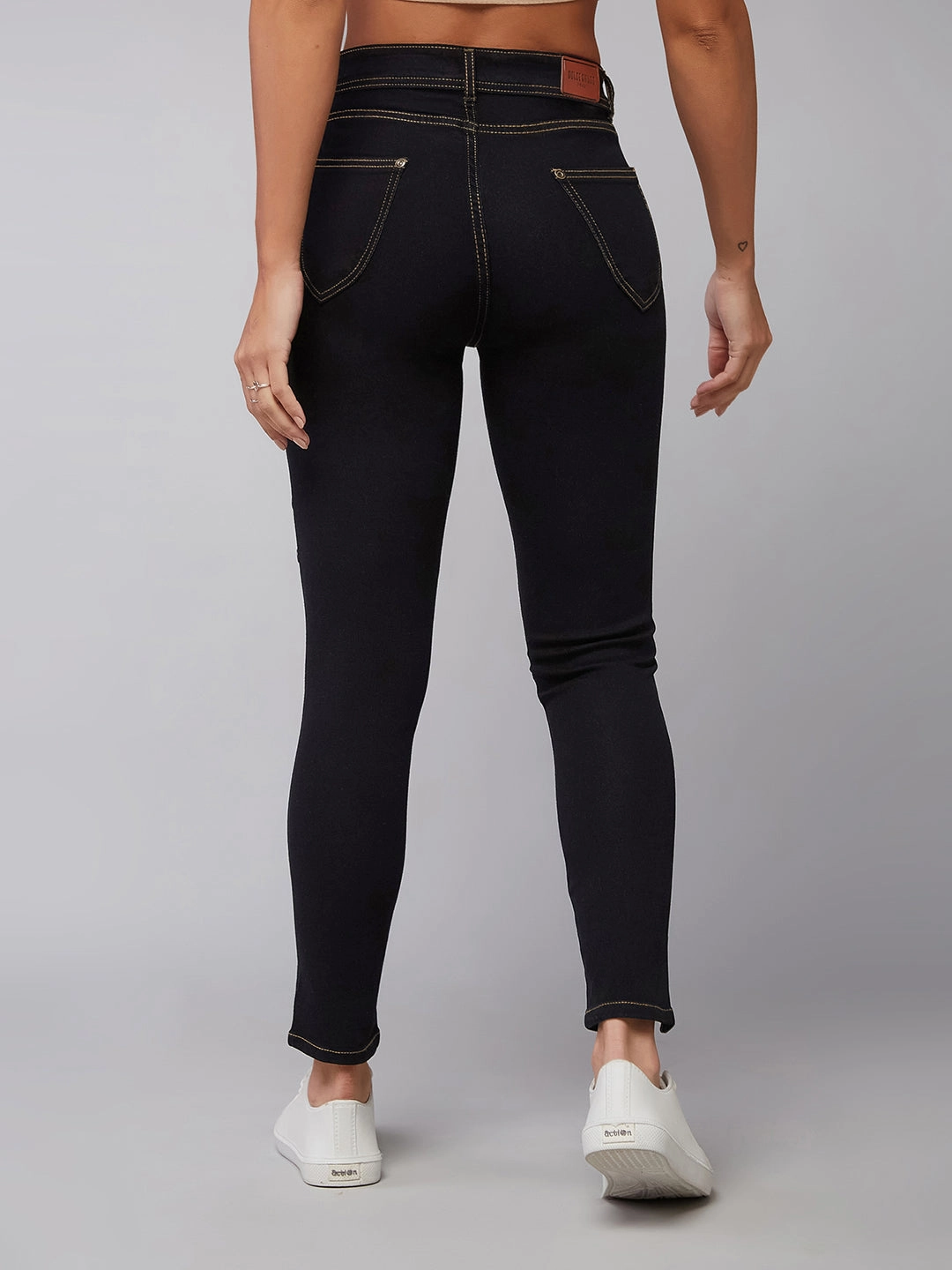 Soft Touch Couple Look Athlete Fit Festival Outfit Women's Black Skinny High-Rise Side-Slit Solid Eyelet Embellished Cropped-Length Stretchable Denim Jeans