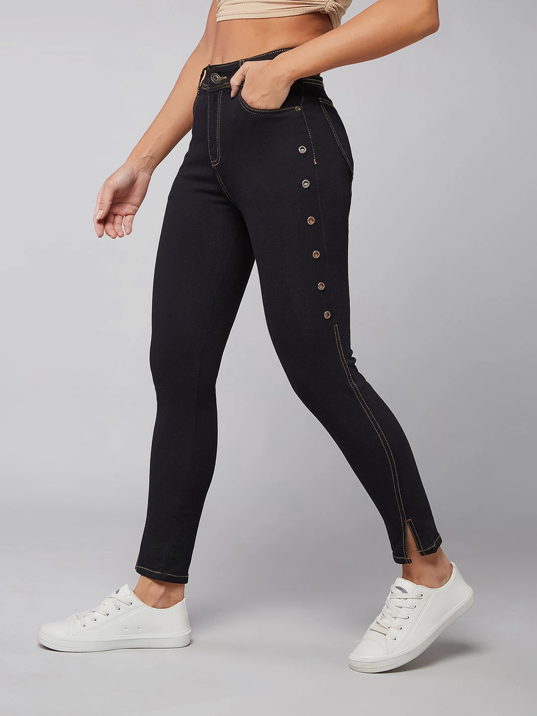 Women's Black Skinny High-Rise Side-Slit Solid Eyelet Embellished Cropped-Length Stretchable Denim Jeans Timeless Fashion Wardrobe Staple
