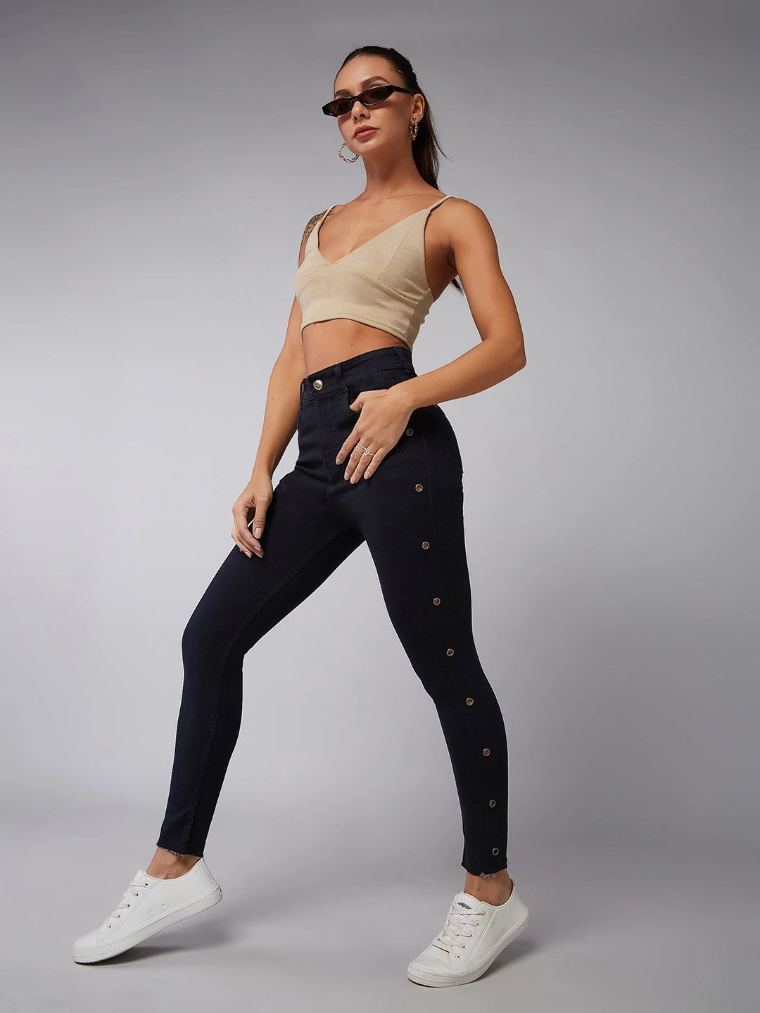 Classic Wear Textured Slim Design Women's Black Slim-Fit Cropped-Length Eyelet Detailing High-Rise Denim Jeans