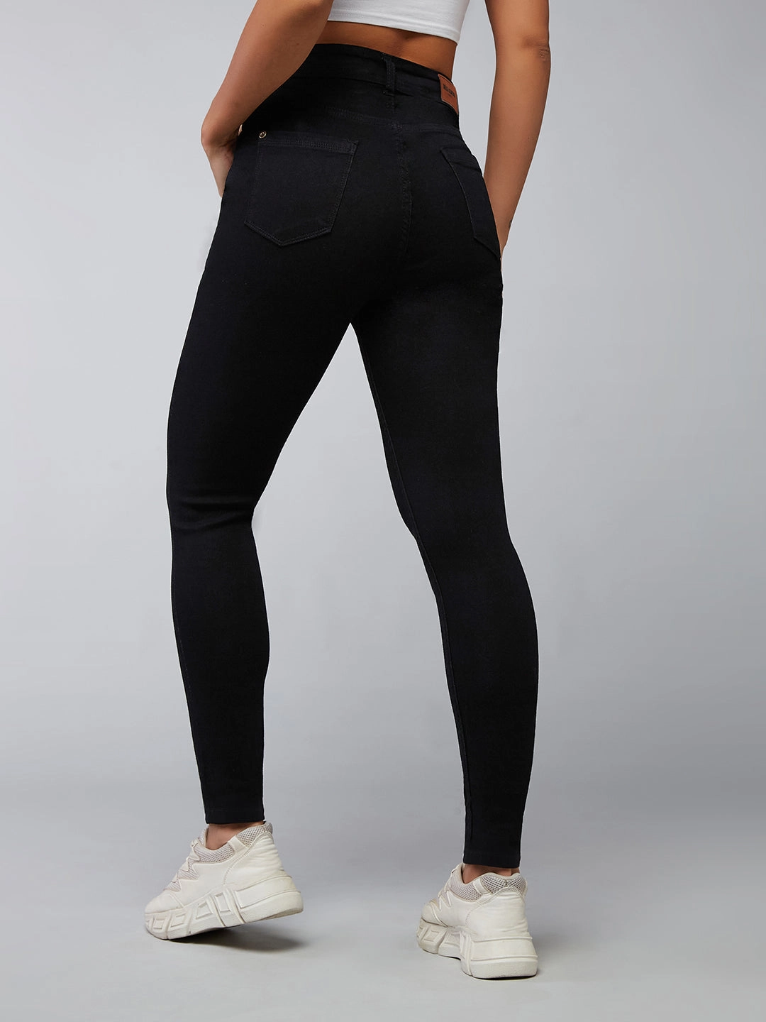 Women's Black Slim-Fit High-Rise Acid Wash Stretchable Denim Jeans Daytime Look Smooth Texture