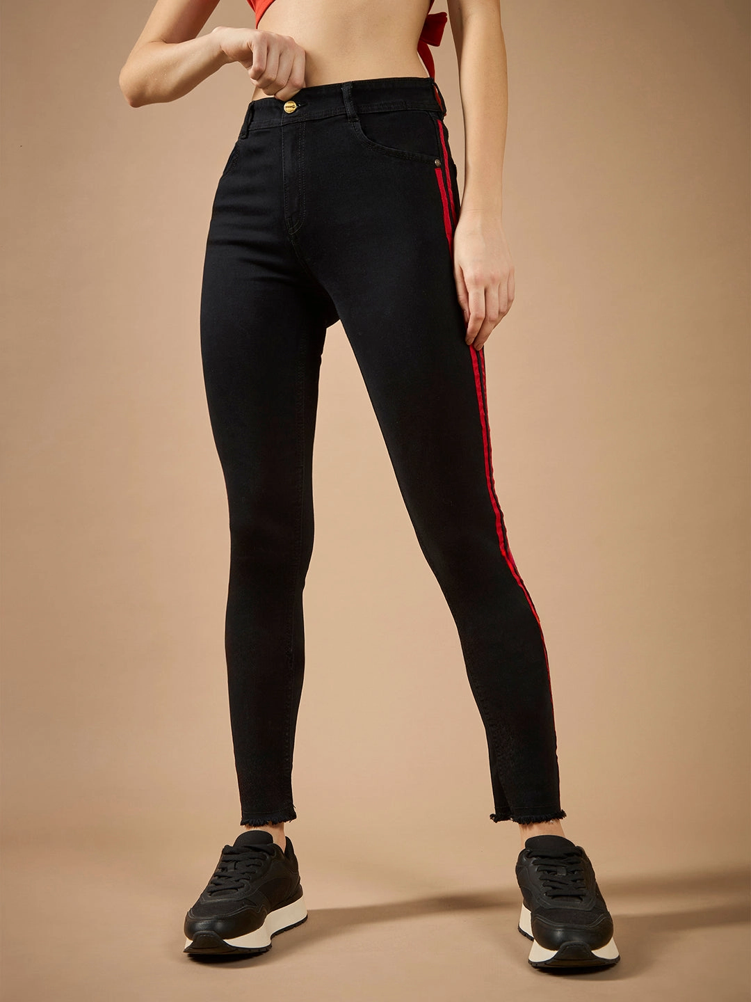 Women's Black Slim Fit High-Rise Clean-Look Regular-Length twill Tape Detailing Stretchable Denim Jeans Unisex Fit