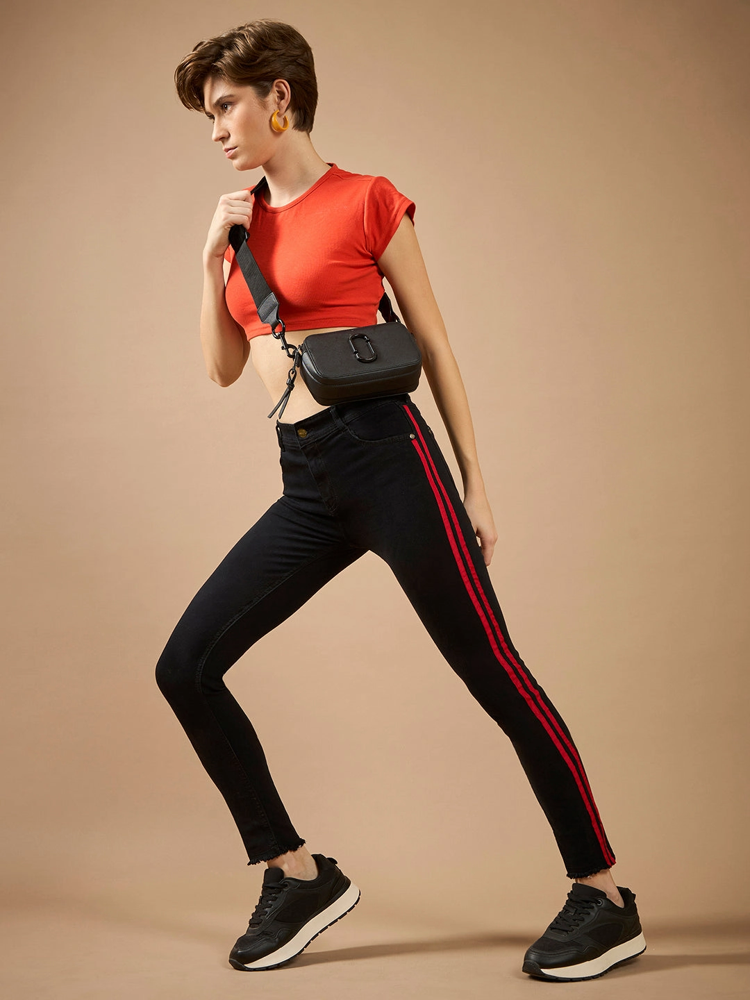 Women's Black Slim Fit High-Rise Clean-Look Regular-Length twill Tape Detailing Stretchable Denim Jeans All Season Fabric Weight