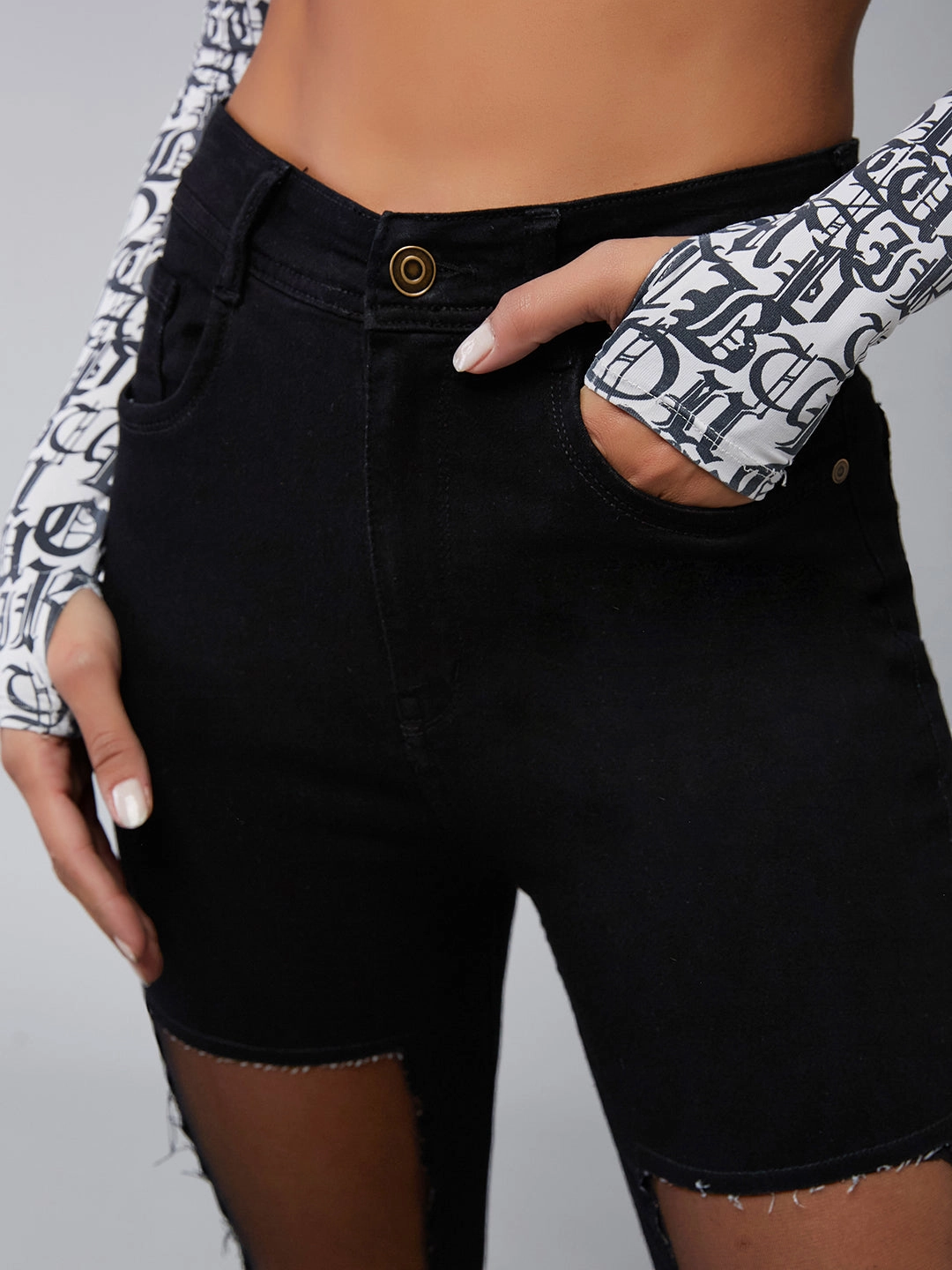 Women's Black Slim-Fit High-Rise Mild Distressed Ripped Net Detailing Stretchable Denim Jeans Soft Core Smart Design