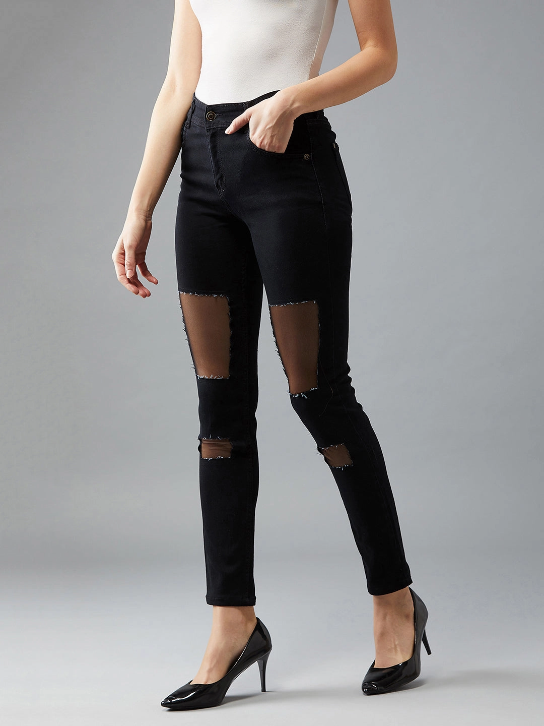 Women's Black Slim-Fit High-Rise Mild Distressed Ripped Net Detailing Stretchable Denim Jeans Weekend Getaway Stylish Comfort Stretch Weave