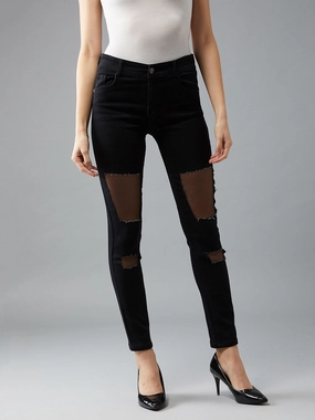 Women's Black Slim-Fit High-Rise Mild Distressed Ripped Net Detailing Stretchable Denim Jeans Party Look Weekend Warrior Traveler Gear Slim