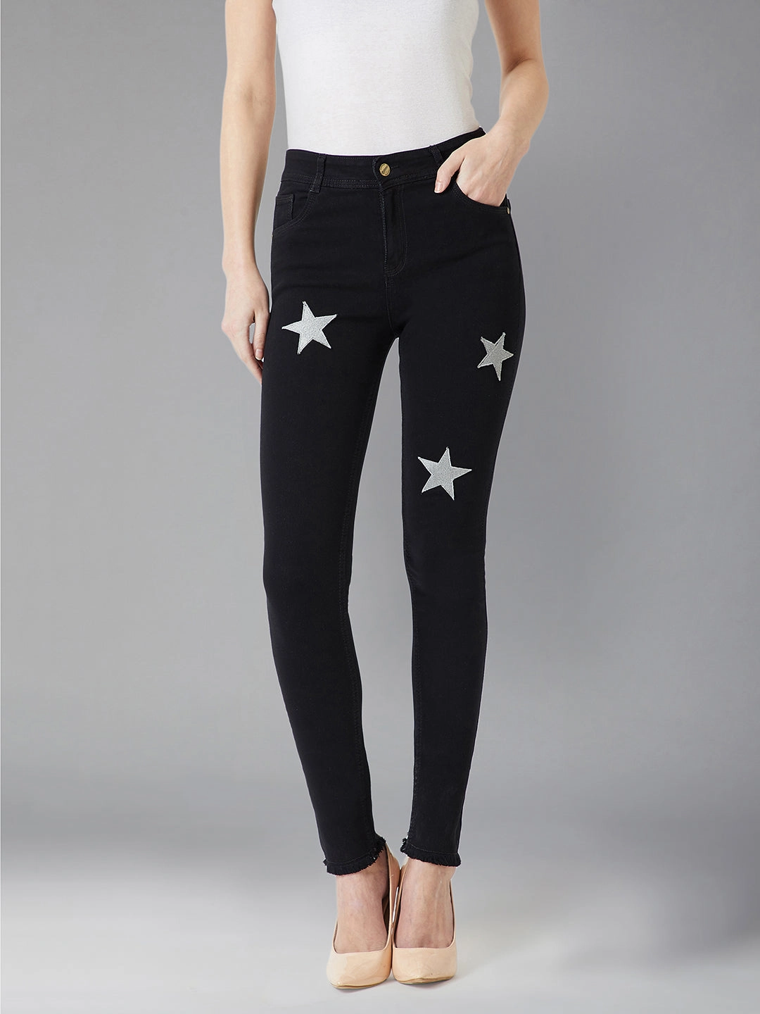 Women's Black Slim-Fit High-Rise Stretchable Denim Jeans Cropped length