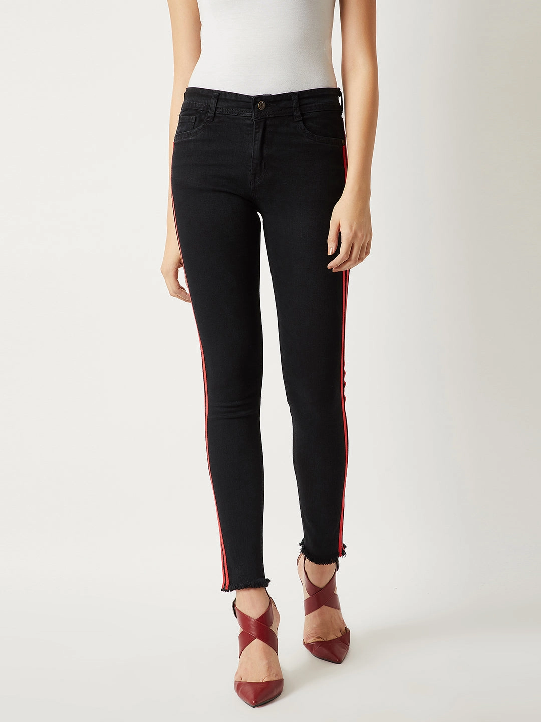 Women's Black Slim-Fit High-Rise twill Tape Detailing Stretchable Denim Jeans Fast Match Quick Pick