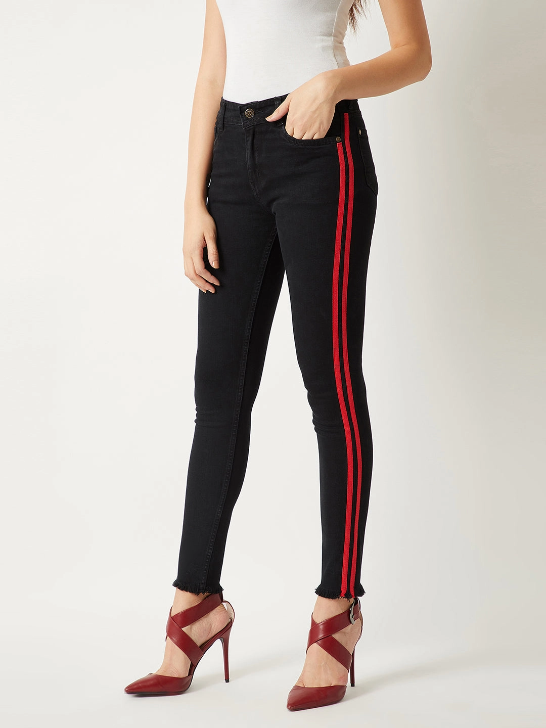 Women's Black Slim-Fit High-Rise twill Tape Detailing Stretchable Denim Jeans Perfect Fit