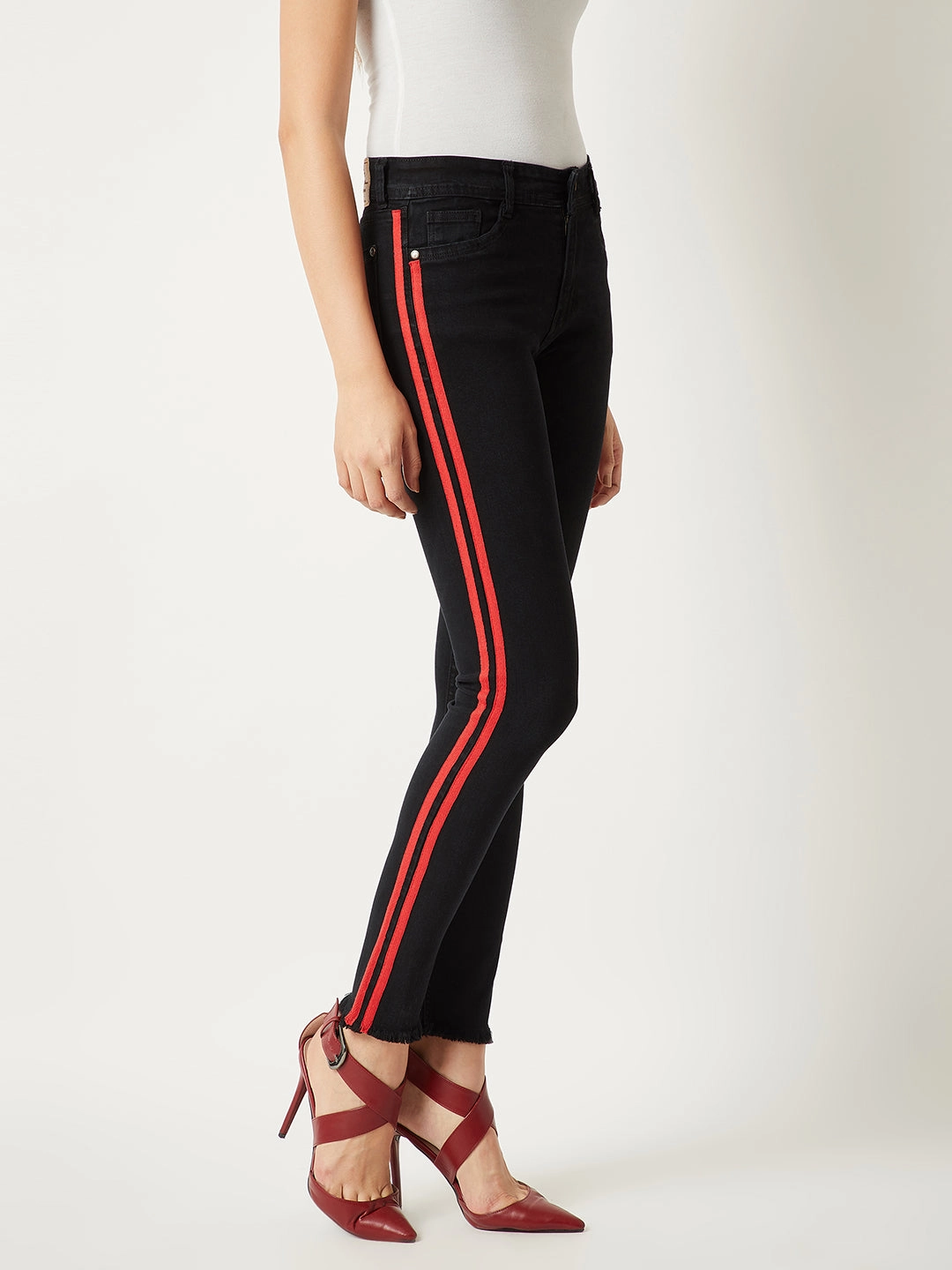 Women's Black Slim-Fit High-Rise twill Tape Detailing Stretchable Denim Jeans Minimalist Pocket Design Lightweight Parent Style Durable