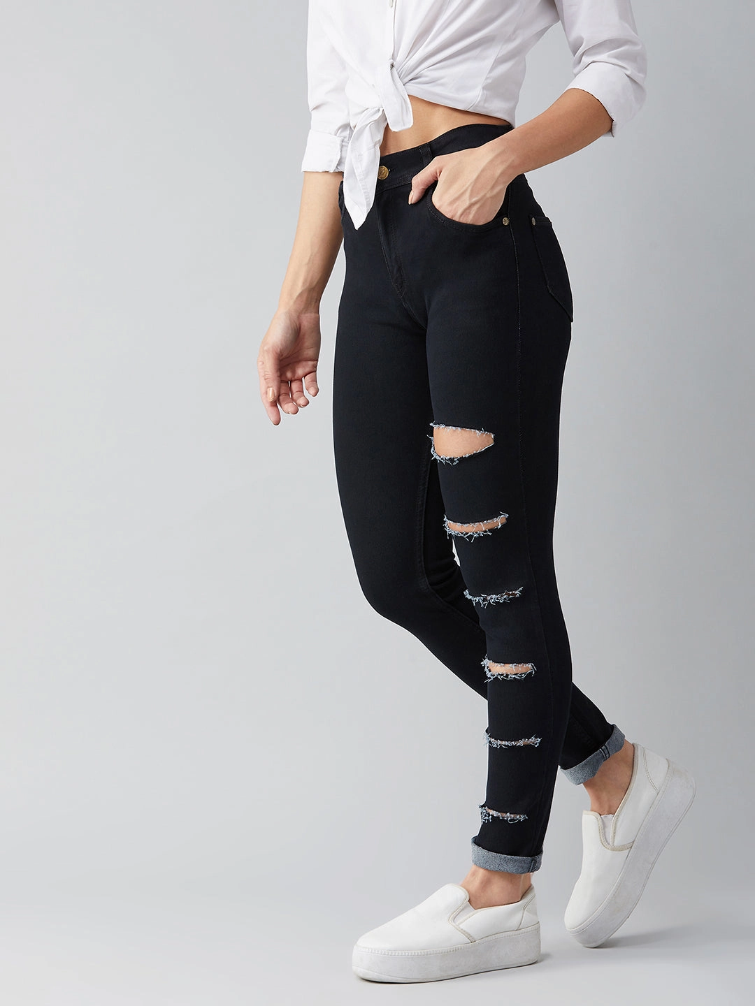 Women's Black Slim High-Rise Denim Jeans Barrel Leg Construction