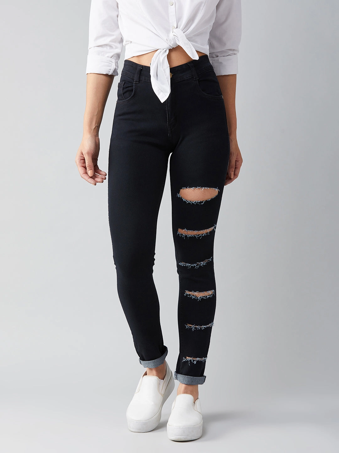 Women's Black Slim High-Rise Distressed Denim Jeans Minimalist Adult Fashion