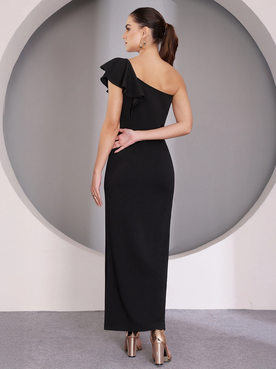 Fit Base Women's Black Solid One Shoulder Sleeveless Ruffled Maxi Dress