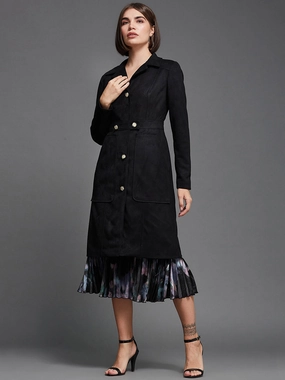 Durable Color Retention Women's Black Solid Shirt Collar Full Sleeves Patched Pocketed Polyester Button Down Longline Blazer Jacket