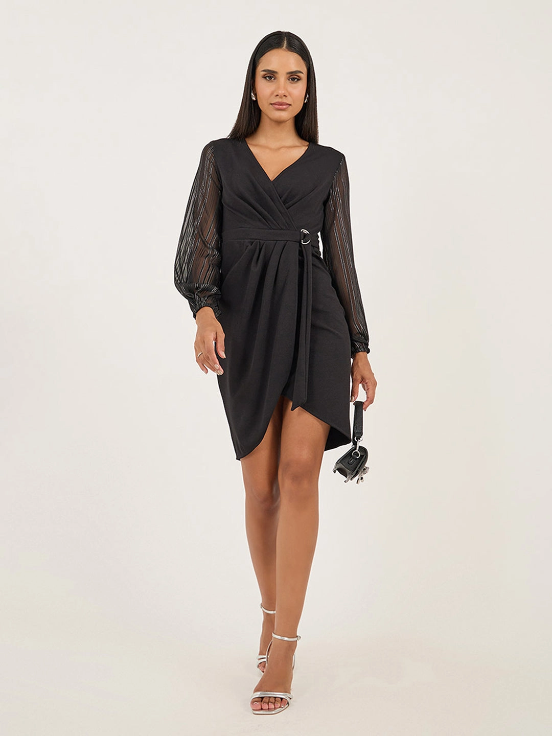 Timeless-Classic Minimal Mood Women's Black Solid V Neck Bishop Sleeves Front Pocketed Polyester Wrap Knee-Length Dress