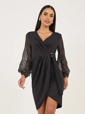 Women's Black Solid V Neck Bishop Sleeves Front Pocketed Polyester Wrap Knee-Length Dress Sleek Waistband Relaxed Look