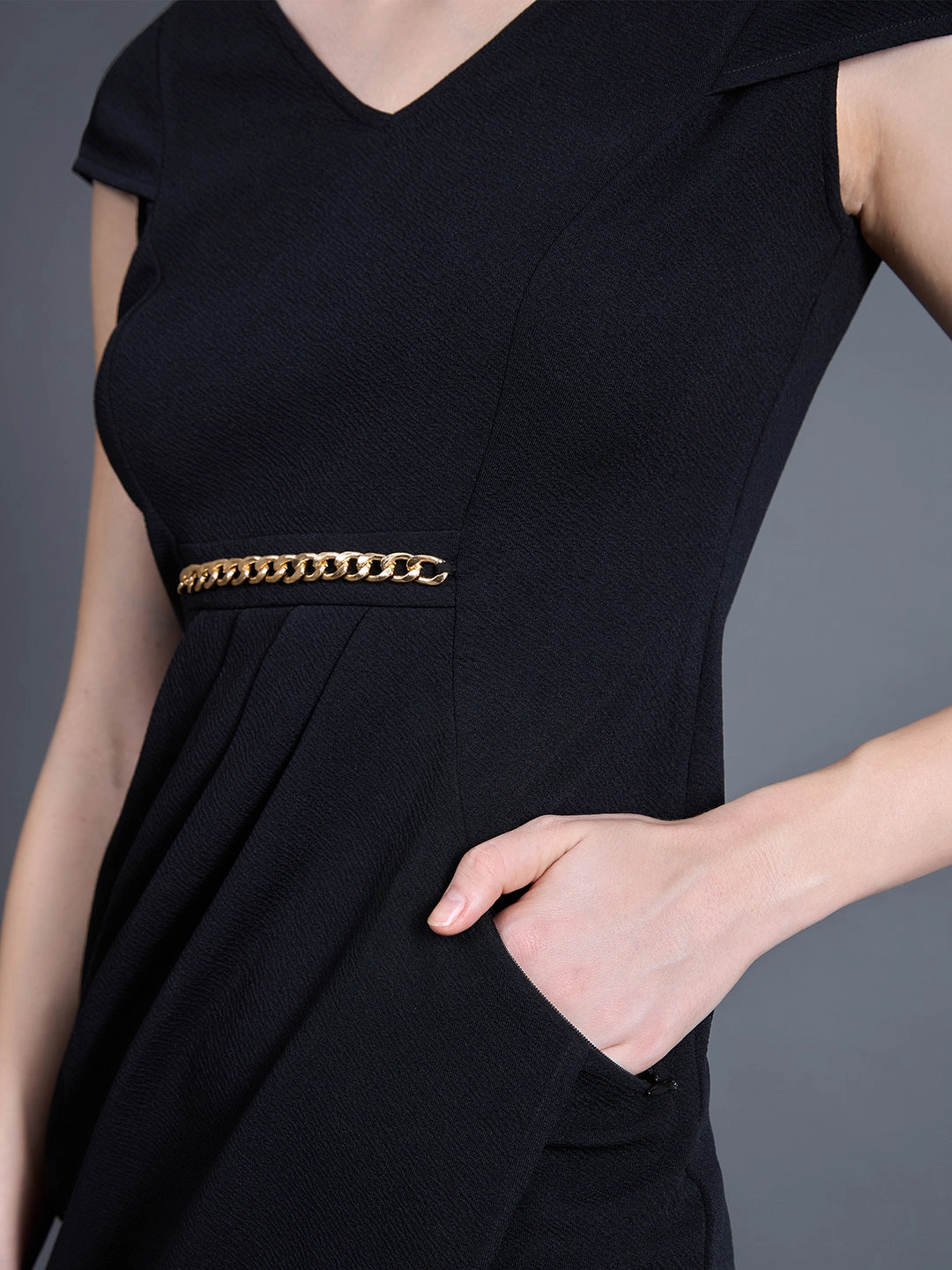 Women's Black Solid V Neck Cap Sleeves Polyester Side Pocketed Knee Long Dress Happy Glow