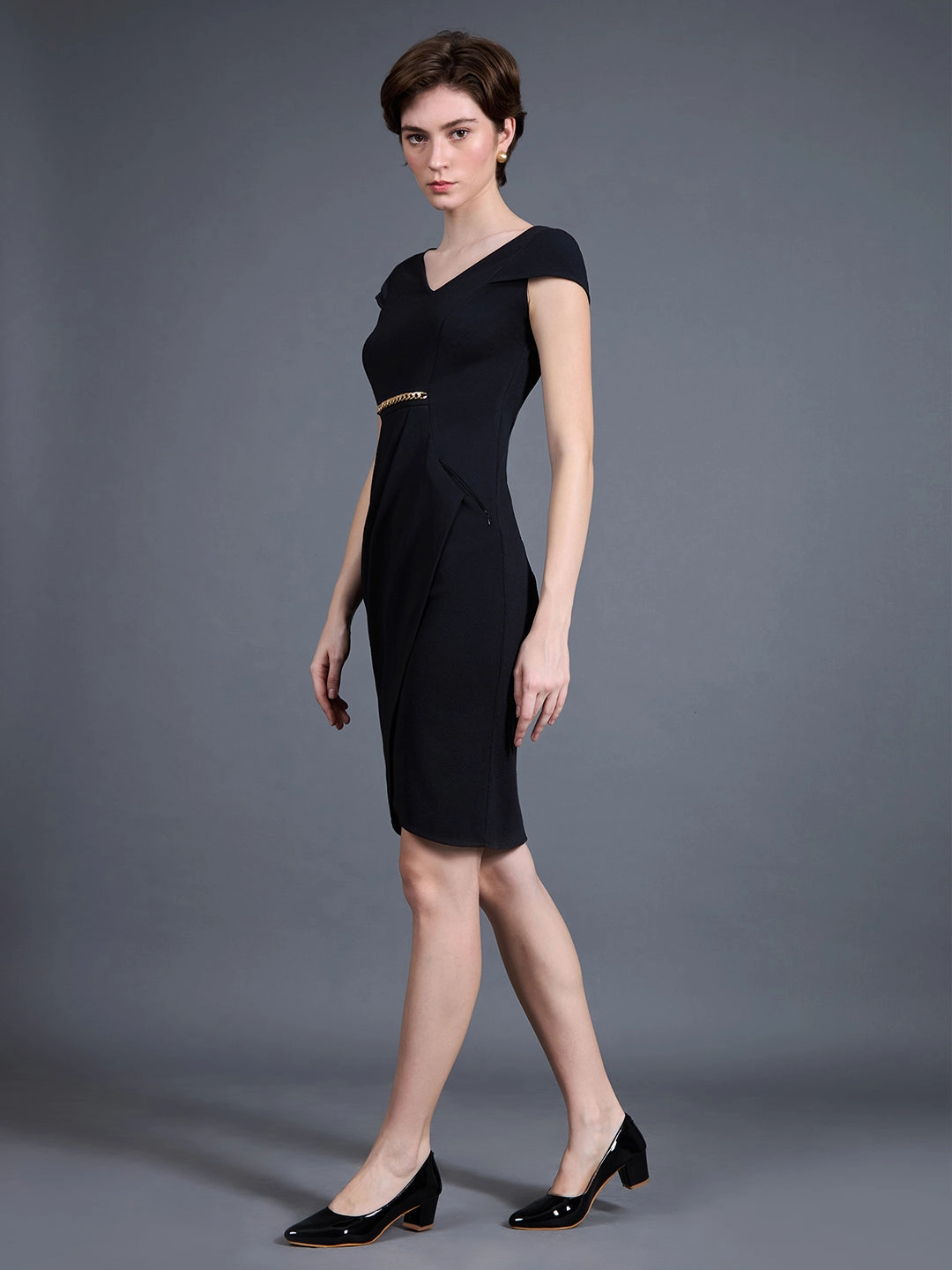Textured Layers Women's Black Solid V Neck Cap Sleeves Polyester Side Pocketed Knee Long Dress
