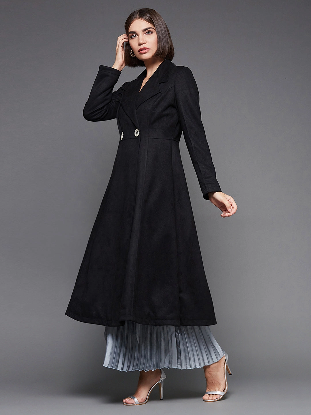 Multi Directional Stretch Weatherproof Shell Women's Black Solid V-Neck Full Sleeves Side Pocketed Polyester Double Breasted Longline Blazer Jacket