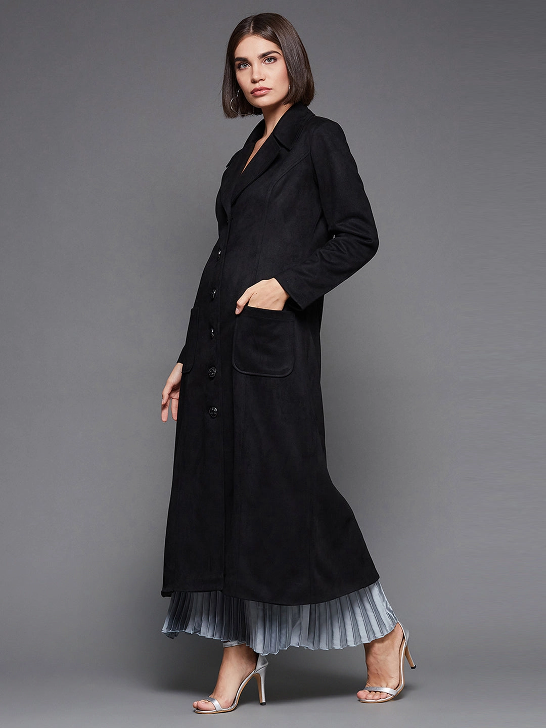 Women's Black Solid V-Neck Full Sleeves Winter Patched Pocketed Polyester Button Down Longline Winter Wear Blazer Jacket Notch Lapel