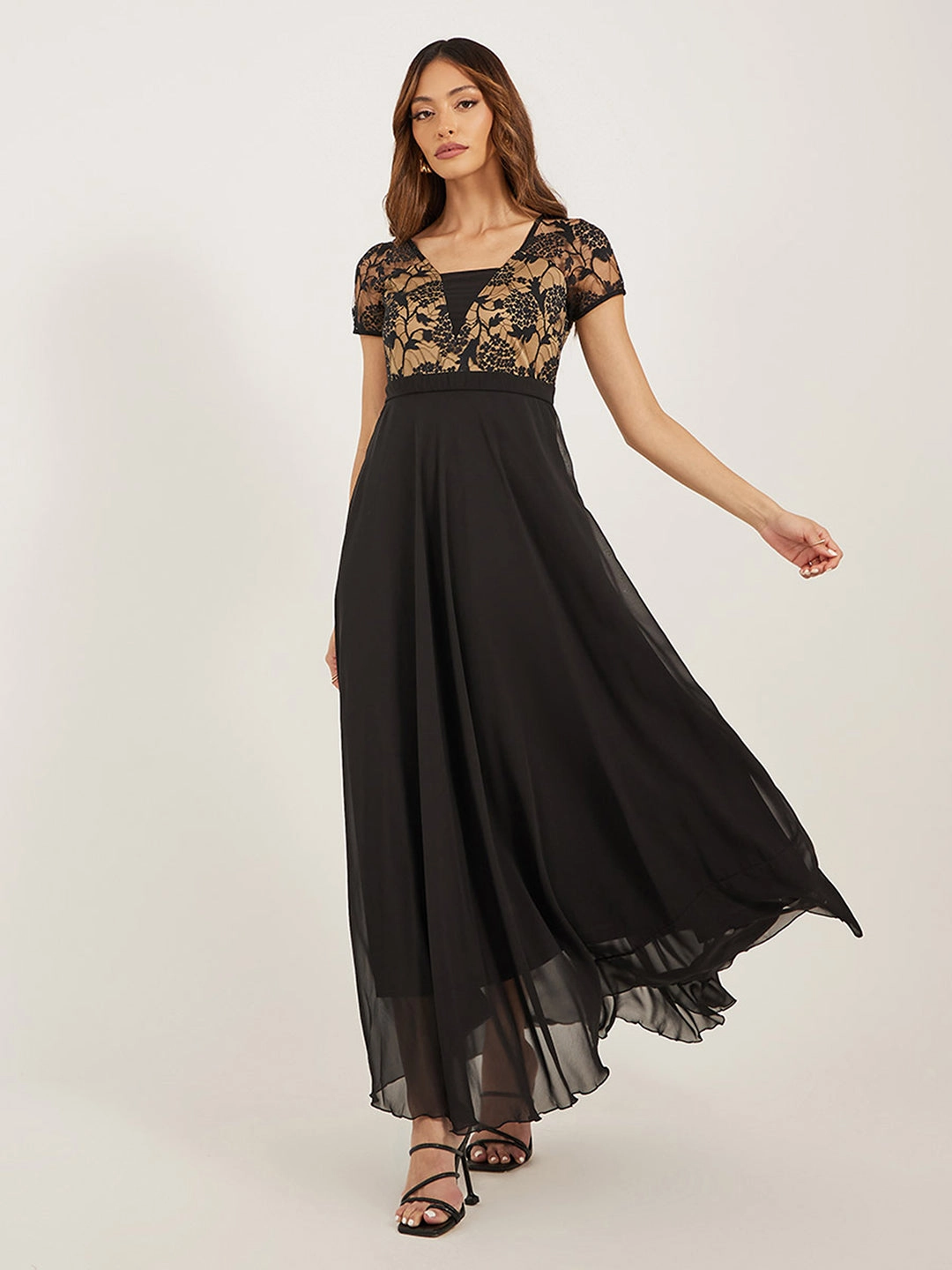 Soft Profile Women's Black Square Neck Raglan Short Sleeve Self Design Lace Overlaid Georgette Maxi Dress