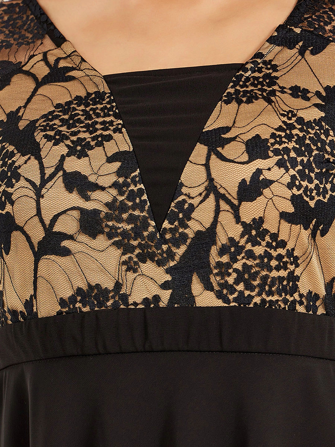 Petite friendly Feminine Layers Women's Black Square Neck Raglan Short Sleeve Self Design Lace Overlaid Georgette Maxi Dress