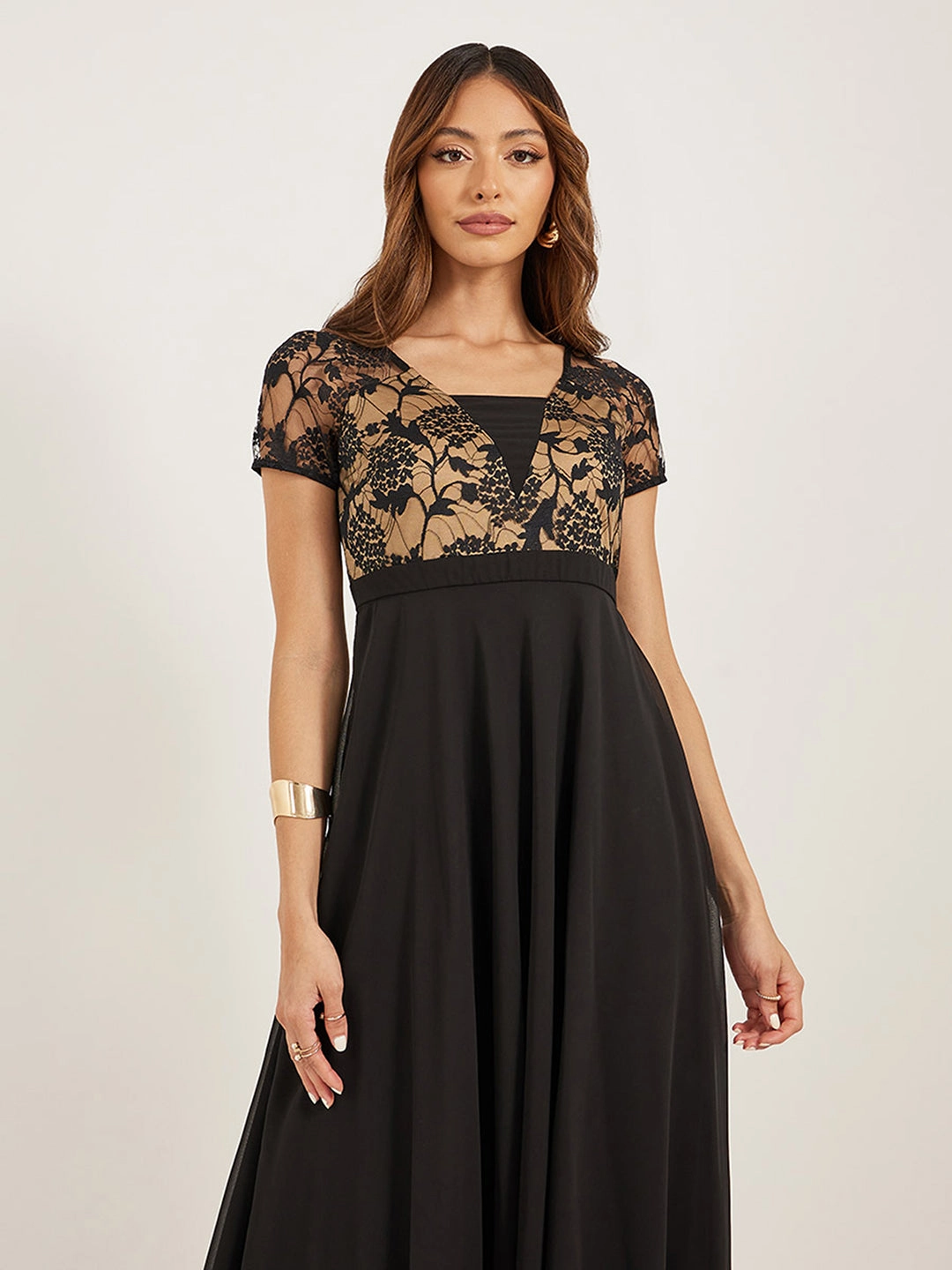 Women's Black Square Neck Raglan Short Sleeve Self Design Lace Overlaid Georgette Maxi Dress Soft Contour