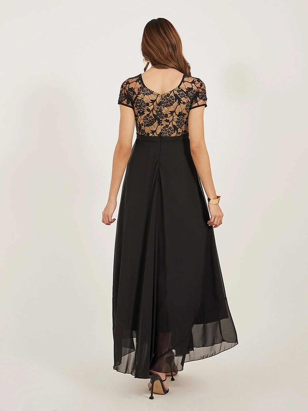 Women's Black Square Neck Raglan Short Sleeve Self Design Lace Overlaid Georgette Maxi Dress perfect for events Stylish Appearance