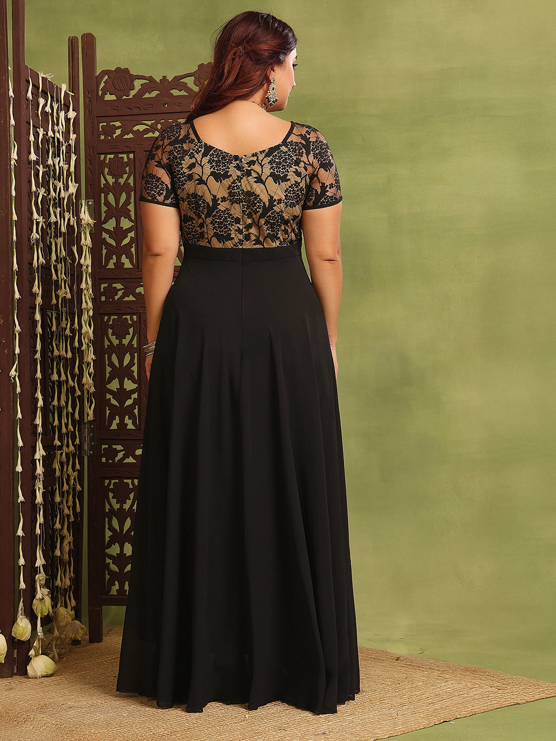 Villa Mood Women's Black Square Neck Raglan Short-Sleeved Self-Design Lace-Overlaid Georgette Maxi Dress