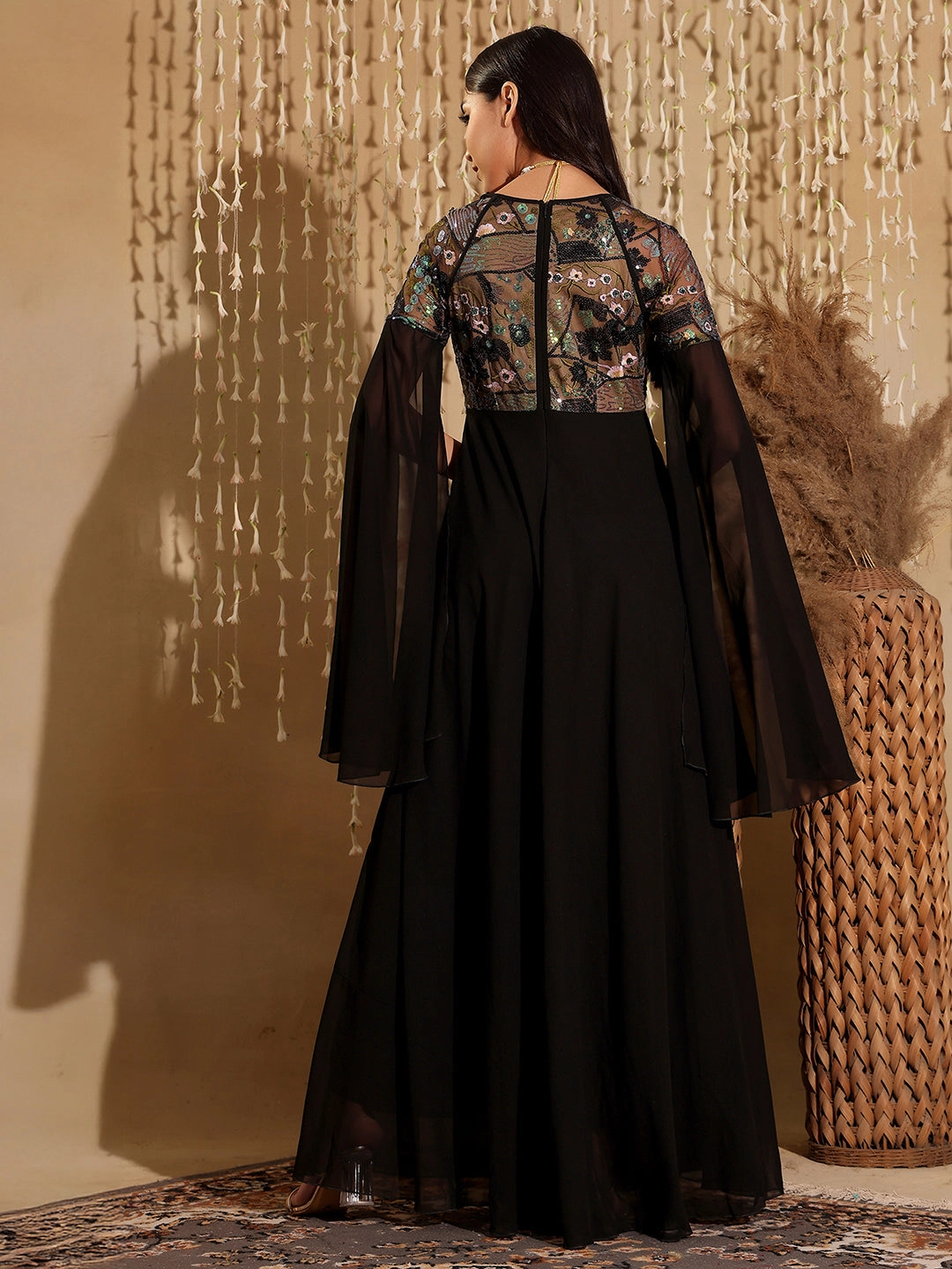 Timeless Comfort Wear Silk Shine Women's Black Sweet-Heart Full Sleeve Embellished Slit Sleeve Maxi Georgette Dress