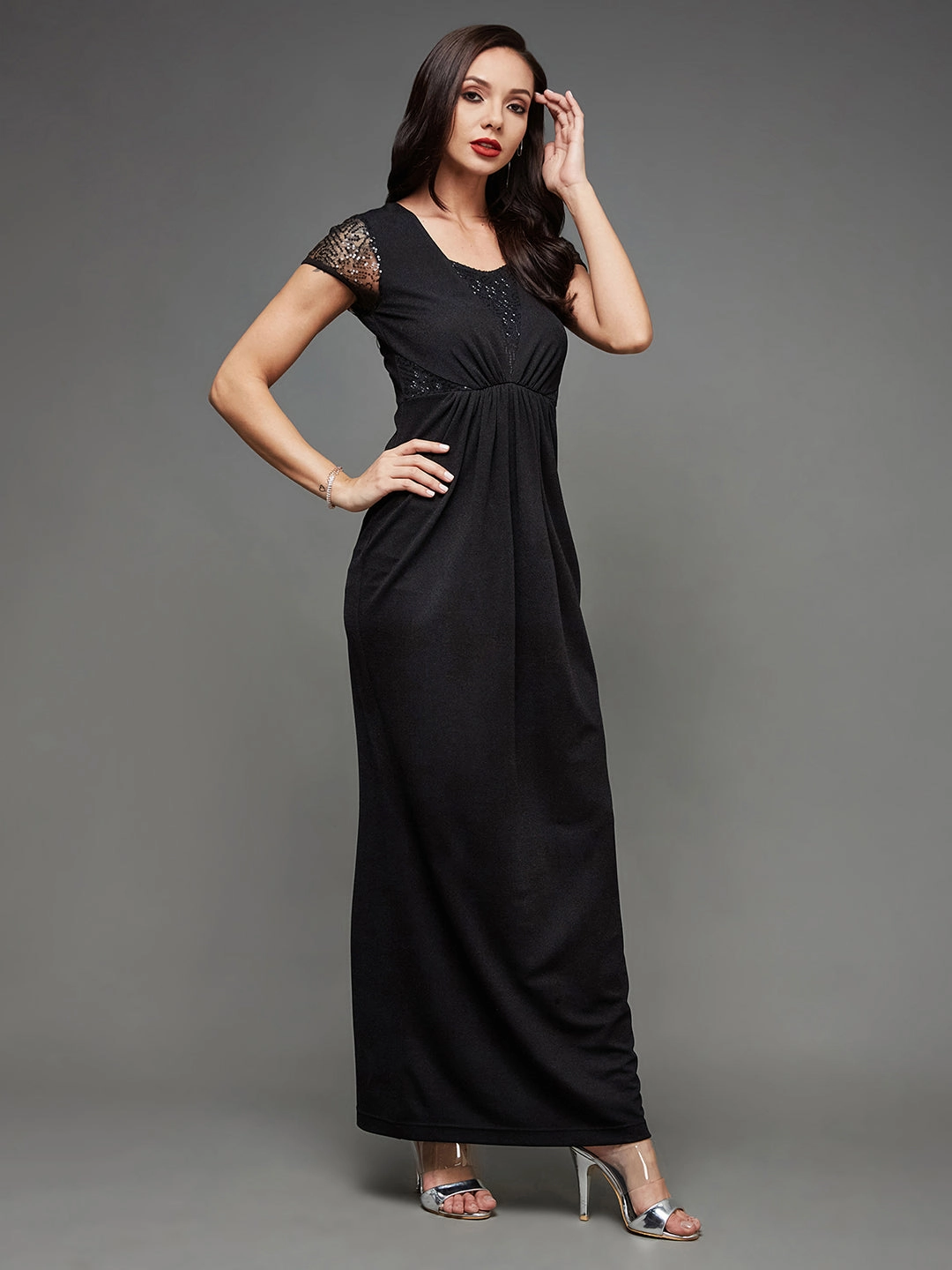 New Mood Easy Movement Women's Black Sweet-Heart Neck Short Sleeve Embellished Gathered Maxi Dress