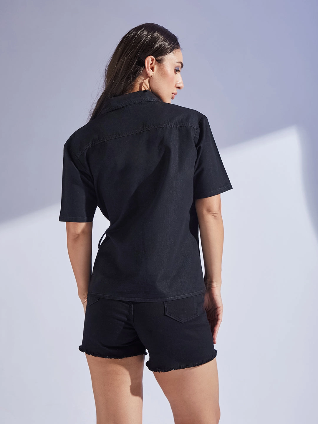 Friction Reducing Finish LightweightFabric Women's Black Tie-Up Half-Sleeves Denim Shirt