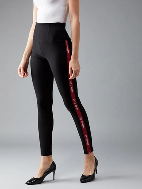 Movement Support Stain Resistant Weave Women's Black Twill Tape Detailing Solid High-Waist Regular Length Patch Pocket Treggings