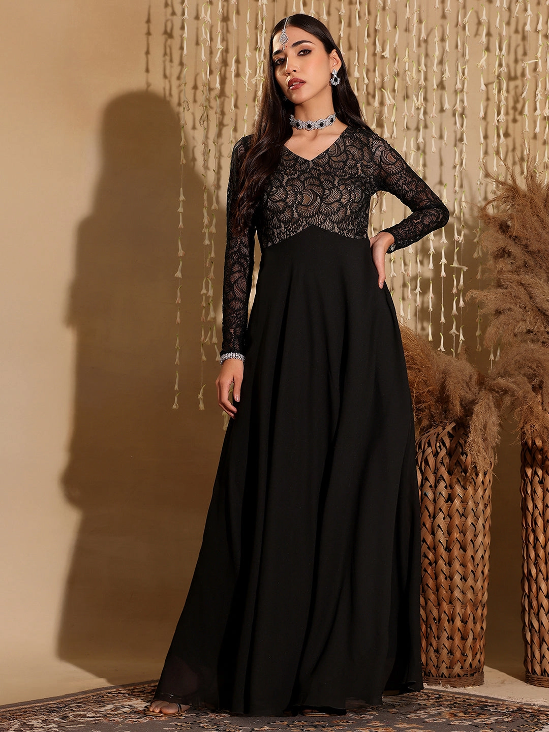 Versatile Touch Statement-Buttons Women's Black V-Neck Full Sleeve Self Design Lace-Overlaid Georgette Maxi Dress