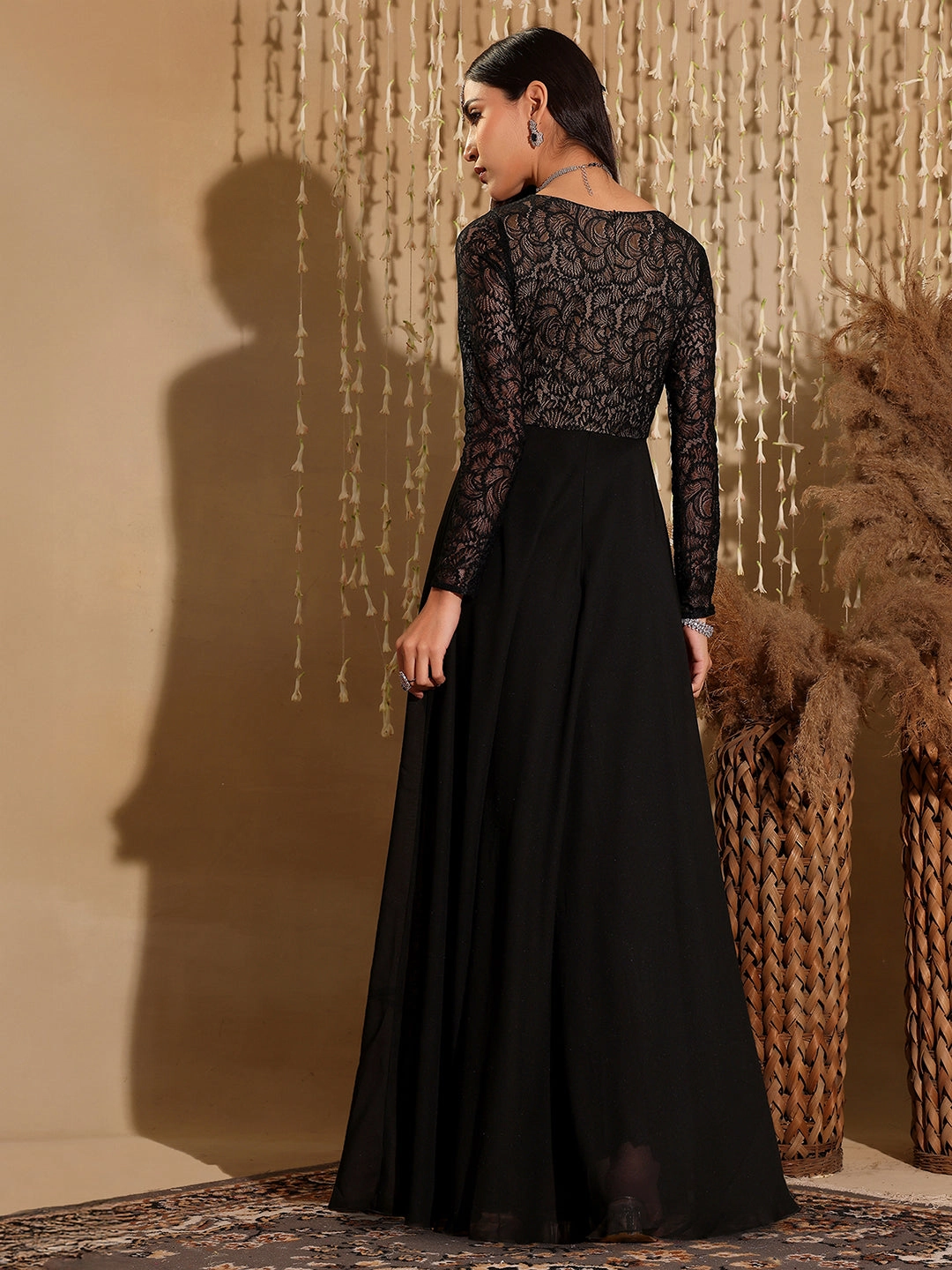 Quick Elegance Women's Black V-Neck Full Sleeve Self Design Lace-Overlaid Georgette Maxi Dress