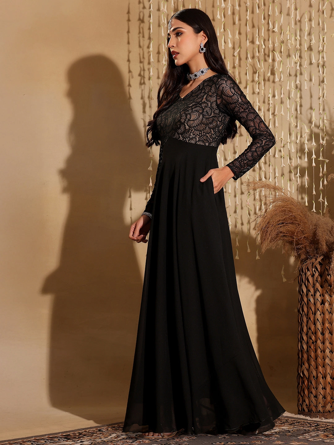 Joyful Look single wear Women's Black V-Neck Full Sleeve Self Design Lace-Overlaid Georgette Maxi Dress
